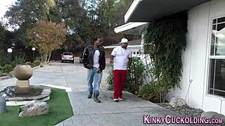 Cuckolding babe in interracial threesome blowjob