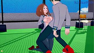 Ochako Uraraka teases Izuku Midoriya with her big tits before creampie in My Hero Academia hentai