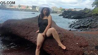 My stepmom relaxing on a public beach with natural curves