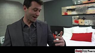 sexy babe interacts with male stripper in a fun setting