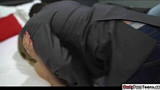 sexy babe interacts with male stripper in a fun setting