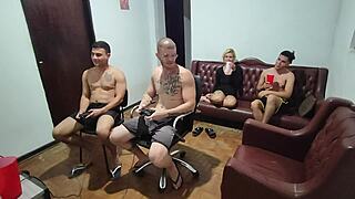 Bisexual Guys Kiss and Fuck Bareback During Video Game