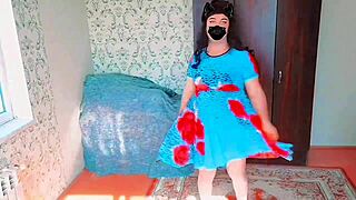big ass sissy in party mini dress rides webcam cowgirl style as slutty crossdresser