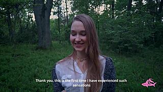 Wow, massive cumshot covers sexy nympho’s face in forest!