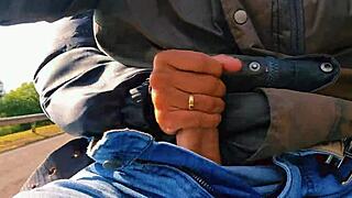 naughty hotwife jerks off on the road, cumming just before getting caught