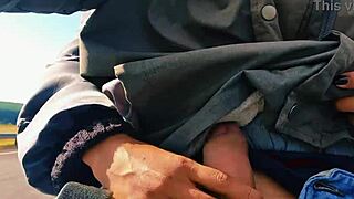 naughty hotwife jerks off on the road, cumming just before getting caught