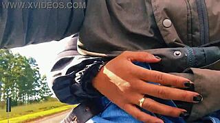 naughty hotwife jerks off on the road, cumming just before getting caught