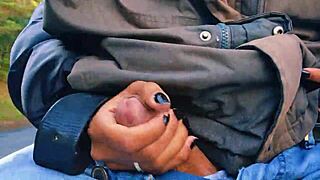 naughty hotwife jerks off on the road, cumming just before getting caught