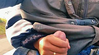 naughty hotwife jerks off on the road, cumming just before getting caught