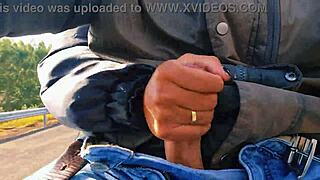 naughty hotwife jerks off on the road, cumming just before getting caught