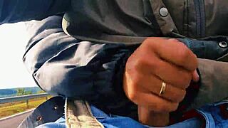 naughty hotwife jerks off on the road, cumming just before getting caught