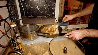 Sexy gay chef cookin' naked... rice noodle n' chicken!