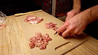 Sexy gay chef cookin' naked... rice noodle n' chicken!