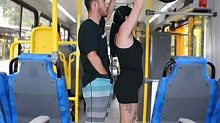 Public Bus Madness with Brunette Getting Rubbed Bareback Until Climax on Dress