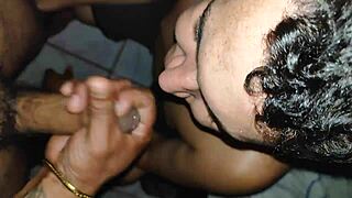 That gay hunk eagerly swallows milk in his mouth during hot action