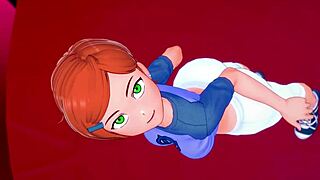 gwen holds big cock between her legs in hotel doggystyle anime version.