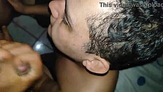 That gay hunk eagerly swallows milk in his mouth during hot action