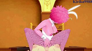 Mina ashido and momo yaoyorozu engage in intense sex with izuku midoriya in bunny outfits.