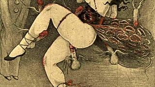 Vintage hentai drawings depict erotic anime scenes