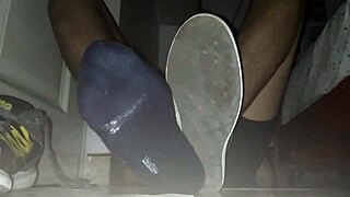 Cumshot On Blue Sweaty Socks And Bare Feet!