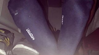 Cumshot On Blue Sweaty Socks And Bare Feet!