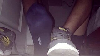 Cumshot On Blue Sweaty Socks And Bare Feet!