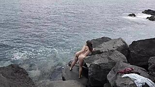 Unexpected Cumshot On Nudist Slut's Face At Beach, Cuckold Husband Marks Her With Lover's Load