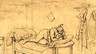 Vintage hentai drawings depict erotic anime scenes