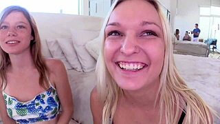 Mia Collins and Victoria Brookes share blowjob with guy!