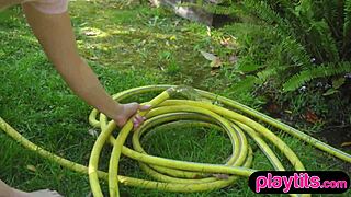 Big ass curvy swiss milf teases with striptease in garden, ripping clothes