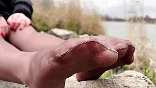 Forest Goddess Teases with Tan Pantyhose Feet in Spring Close-Up