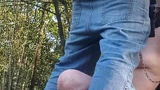 2024 slave f exhibition, showing off natural tits doggy in forest.