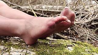 Forest Goddess Teases with Tan Pantyhose Feet in Spring Close-Up