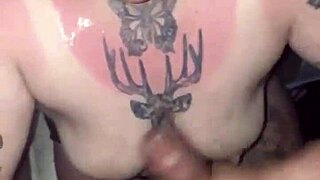 Sunburned beauty gives deepthroat blowjob in thong and panties.