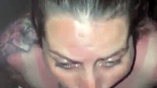 Sunburned beauty gives deepthroat blowjob in thong and panties.