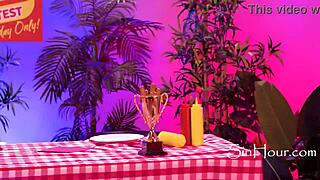 Dkye Wets Strapon in Lesbian Threesome at Hotdog Contest