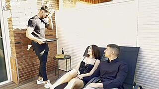 Threesome Alert! Mary Rock Bangs Boyfriend and Waiter Hard!