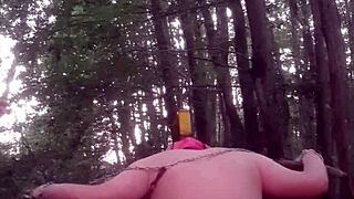 outdoor femdom session with slave at home and in forest