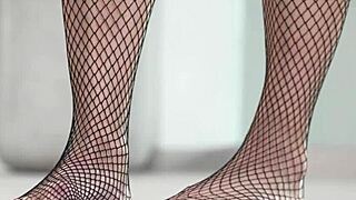 petite brunette crushes fruits with bare feet in heels