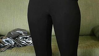 Photoshoot with hazel ash modeling shiny button down with yoga pants leggings.