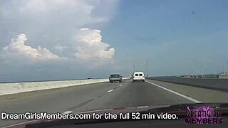 Topless Brunette With Big Tits Drives Convertible Over Skyway Bridge, Exposing Nude Boobs To Dream Girl Fantasy!