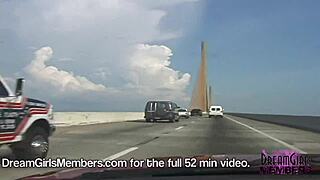 Topless Brunette With Big Tits Drives Convertible Over Skyway Bridge, Exposing Nude Boobs To Dream Girl Fantasy!