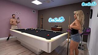 this petite asian gets fucked hard on the pool table, her big tits bouncing with cumshot