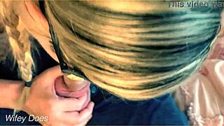 Wife expertly sucks husband's long cock. What's her secret technique?