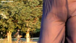 Hairy Mature Woman Flashing in Transparent Outfit Outdoors