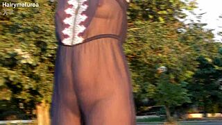 Hairy Mature Woman Flashing in Transparent Outfit Outdoors