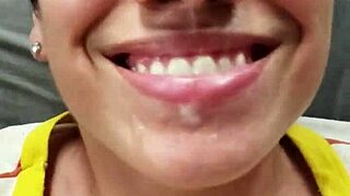 Short haired brunette gets quickie facial on bed