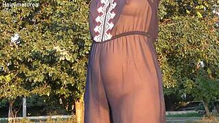 Hairy Mature Woman Flashing in Transparent Outfit Outdoors