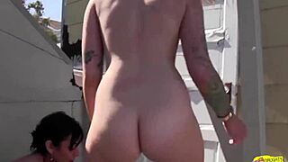 Perfect brunette big tits handles massive dildo outdoors