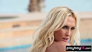 Classy Blonde Milf Jennifer Vaughn Strips Nude in Heels by Pool